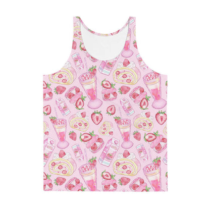 Pink kawaii Men's Strawberry tank with macarons and frosted roll cakes