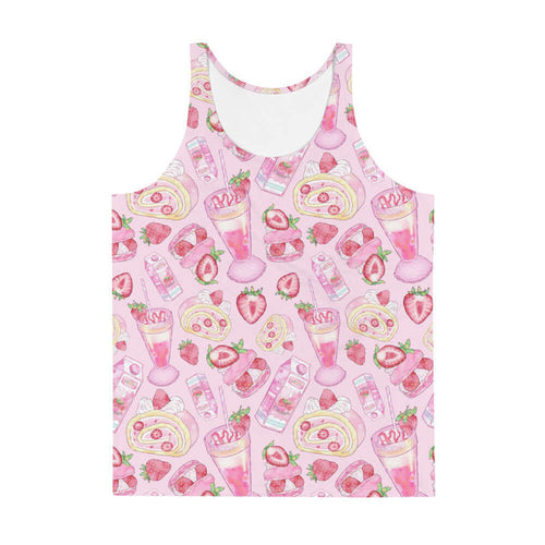 Pink kawaii Men's Strawberry tank with macarons and frosted roll cakes