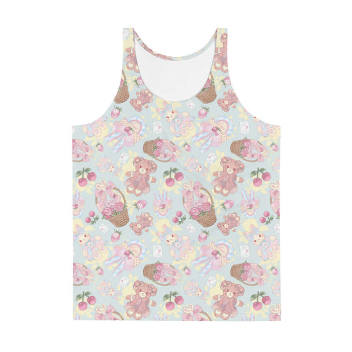 Sweet Teddy kawaii men's tank top in pastel with dress-wearing teddy bears and rose-filled baskets