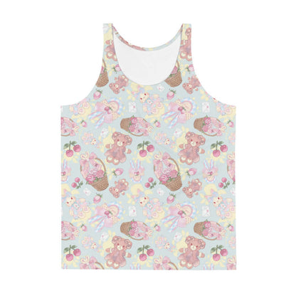 Sweet Teddy kawaii men's tank top in pastel with dress-wearing teddy bears and rose-filled baskets