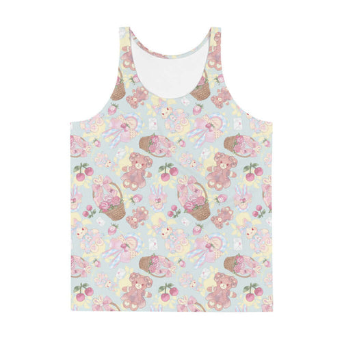 Sweet Teddy kawaii men's tank top in pastel with dress-wearing teddy bears and rose-filled baskets