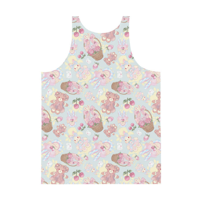 Sweet Teddy kawaii men's tank top in pastel with gingham-bow bunnies and cherries