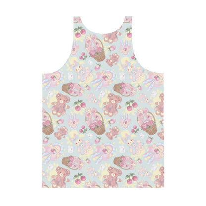 Sweet Teddy kawaii men's tank top in pastel with gingham-bow bunnies and cherries