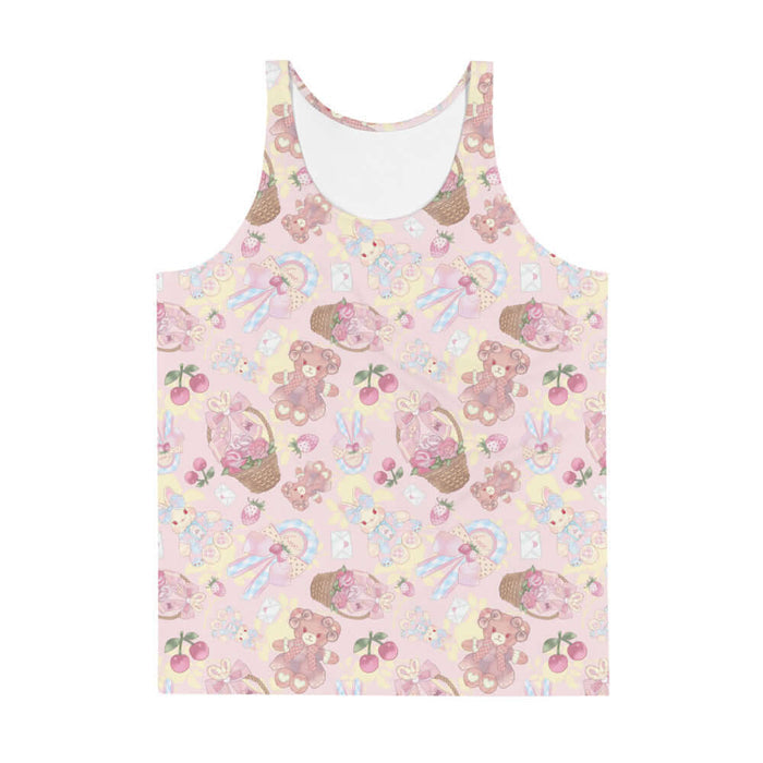 Sweet Teddy kawaii men's tank top in pastel with strawberries and satin bows