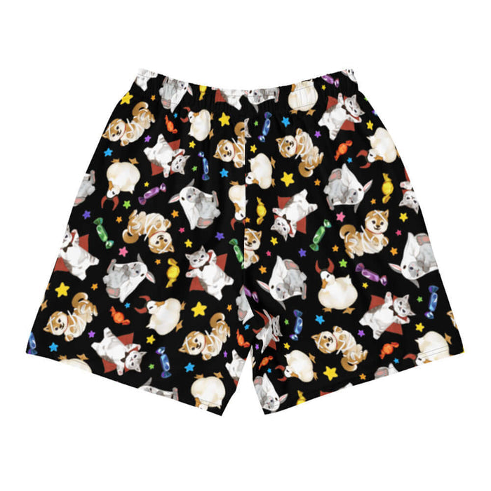 Trick or Treaters alternative men's athletic shorts in midnight black with ghost-sheet bunnies and wrapped candy