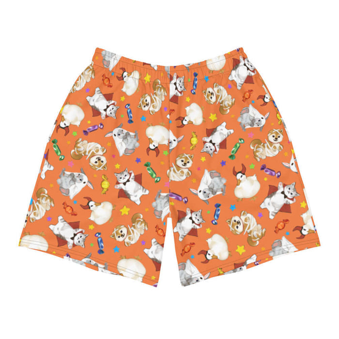 Trick or Treaters alternative men's athletic shorts in pumpkin orange with vampire kitties and scattered stars