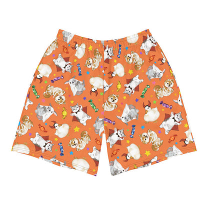 Trick or Treaters alternative men's athletic shorts in pumpkin orange with vampire kitties and scattered stars
