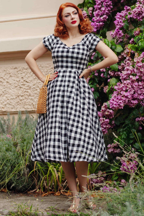 Lily Off Shoulder Black Gingham Check Circle Dress