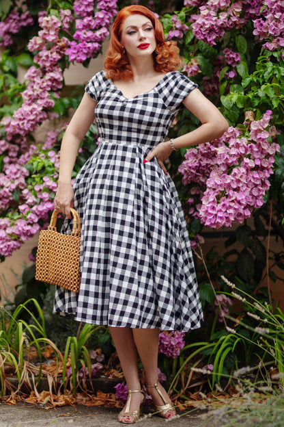 Lily Off Shoulder Black Gingham Check Circle Dress