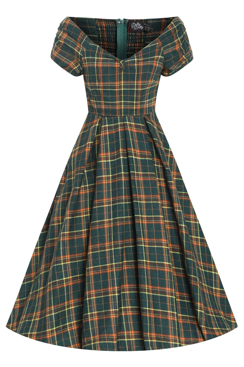 Lily Off Shoulder Green Tartan Check Circle Dress