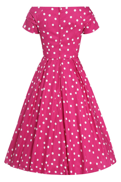 Lily Off-Shoulder Polka Dot Evening Dress in Hot Pink/White
