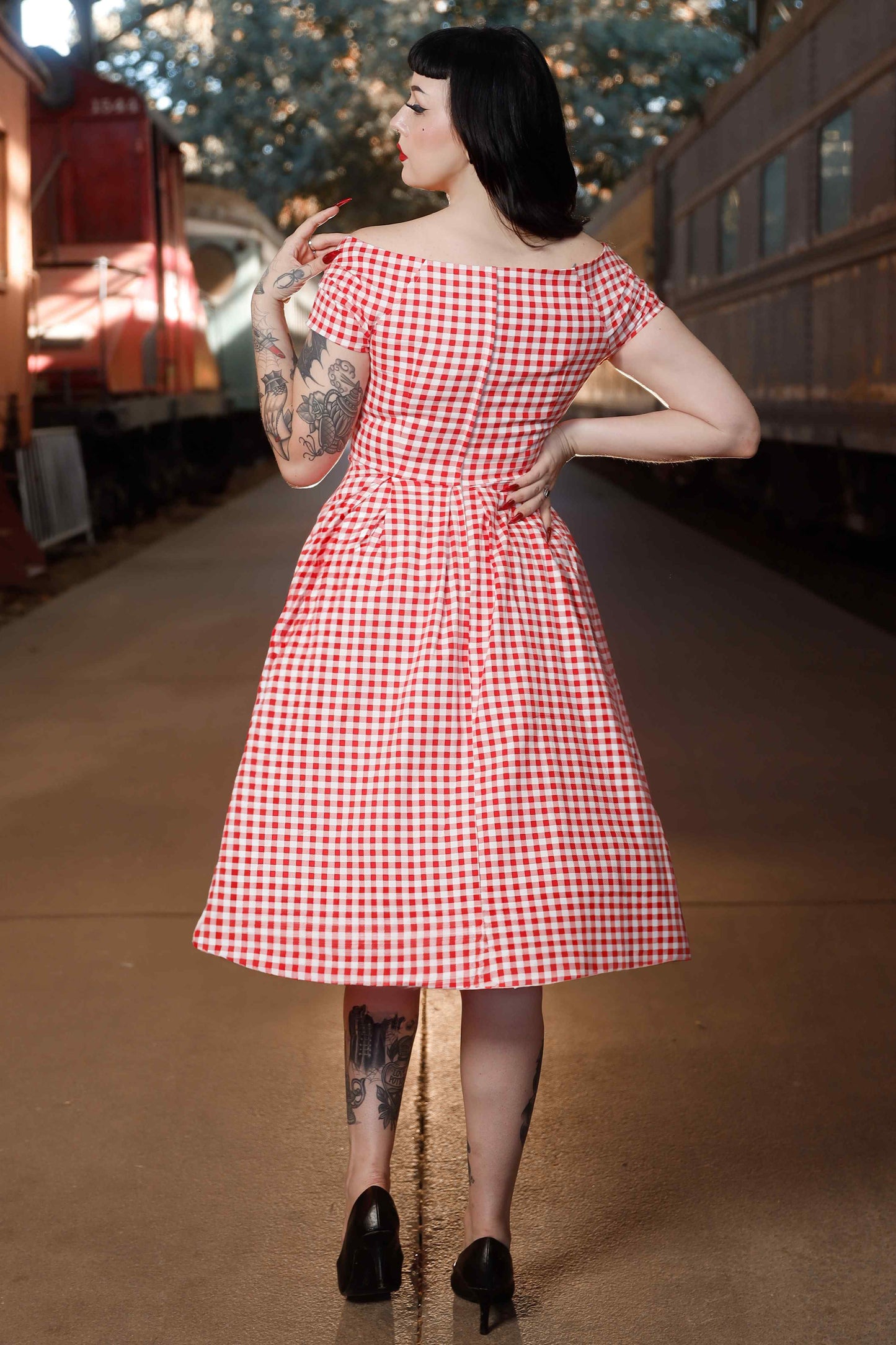 Lily Off Shoulder Red Gingham Swing Dress