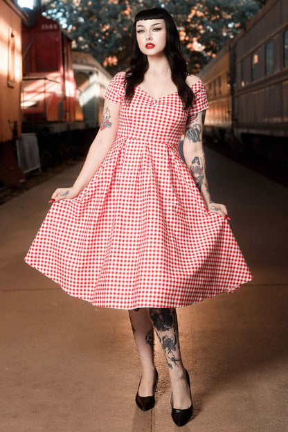 Lily Off Shoulder Red Gingham Swing Dress