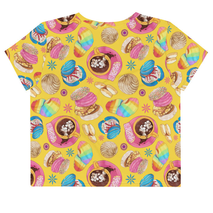 Pan Dulce kawaii crop top in yellow with cocoa swirls and golden conchas