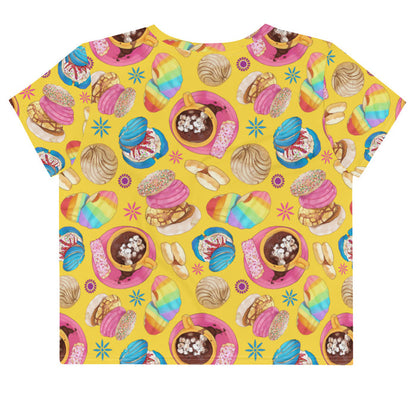 Pan Dulce kawaii crop top in yellow with cocoa swirls and golden conchas