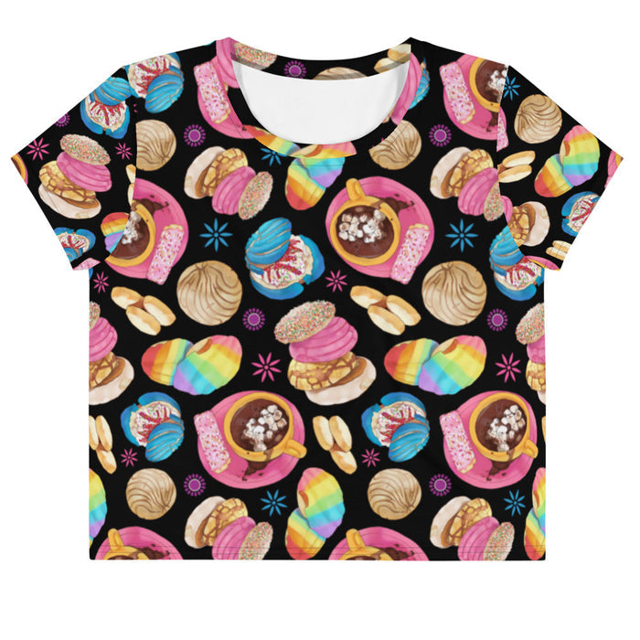 Pan Dulce kawaii crop top in yellow with rainbow-striped conchas and blue drizzled conchas