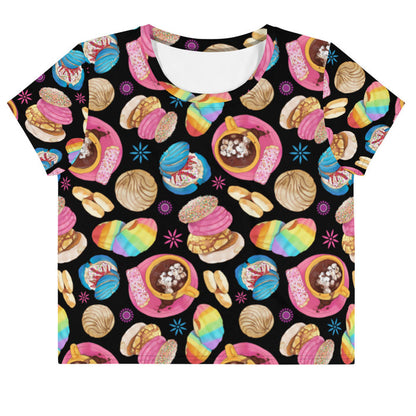 Pan Dulce kawaii crop top in yellow with rainbow-striped conchas and blue drizzled conchas