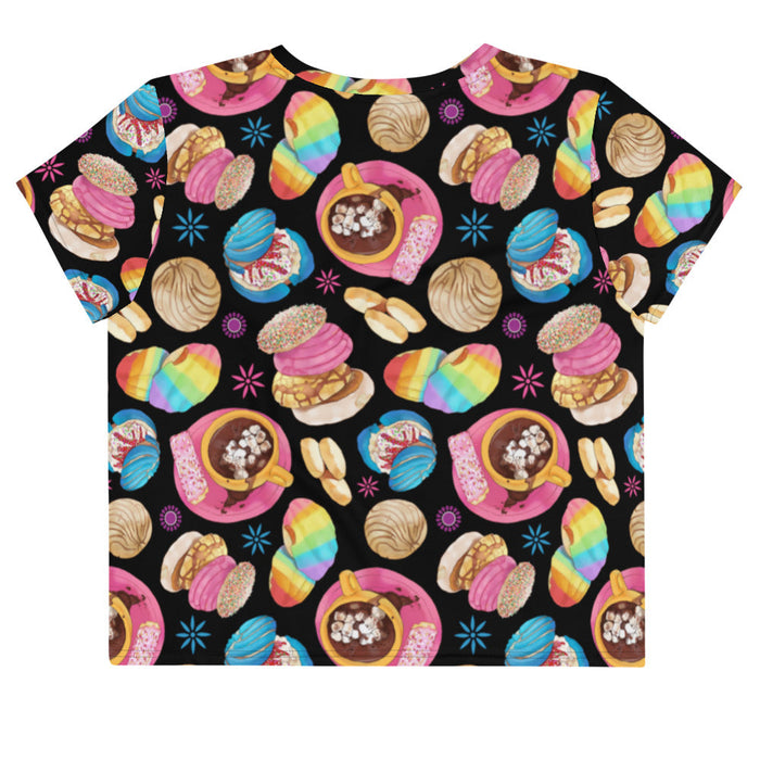Pan Dulce kawaii crop top in yellow with pink conchas and marshmallow hot chocolate