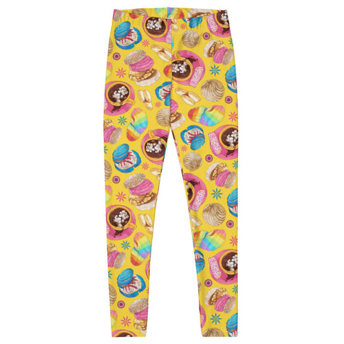 Pan Dulce kawaii leggings in yellow with blue drizzled conchas and polvorón cookies