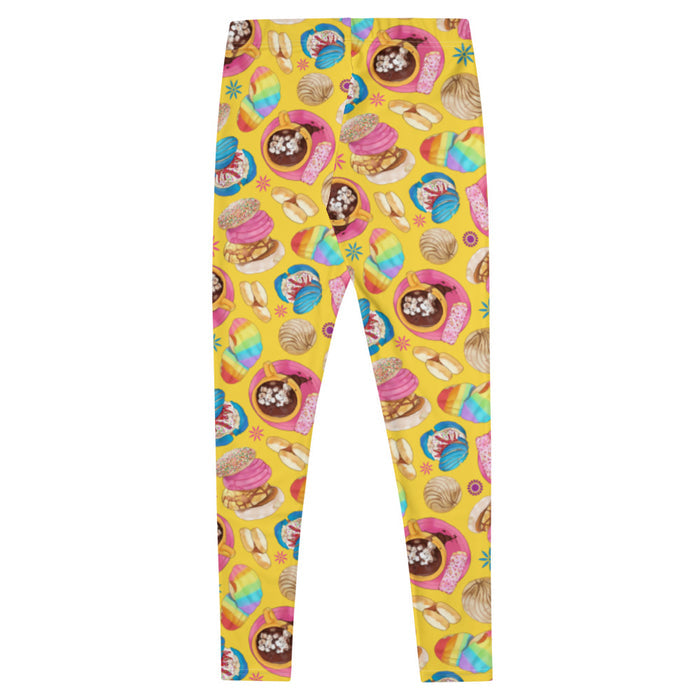 Pan Dulce kawaii leggings in yellow with marshmallow hot chocolate and pink cortadillos