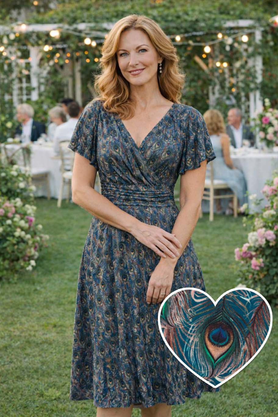 Donna Peacock Feather Crossover Bust Dress