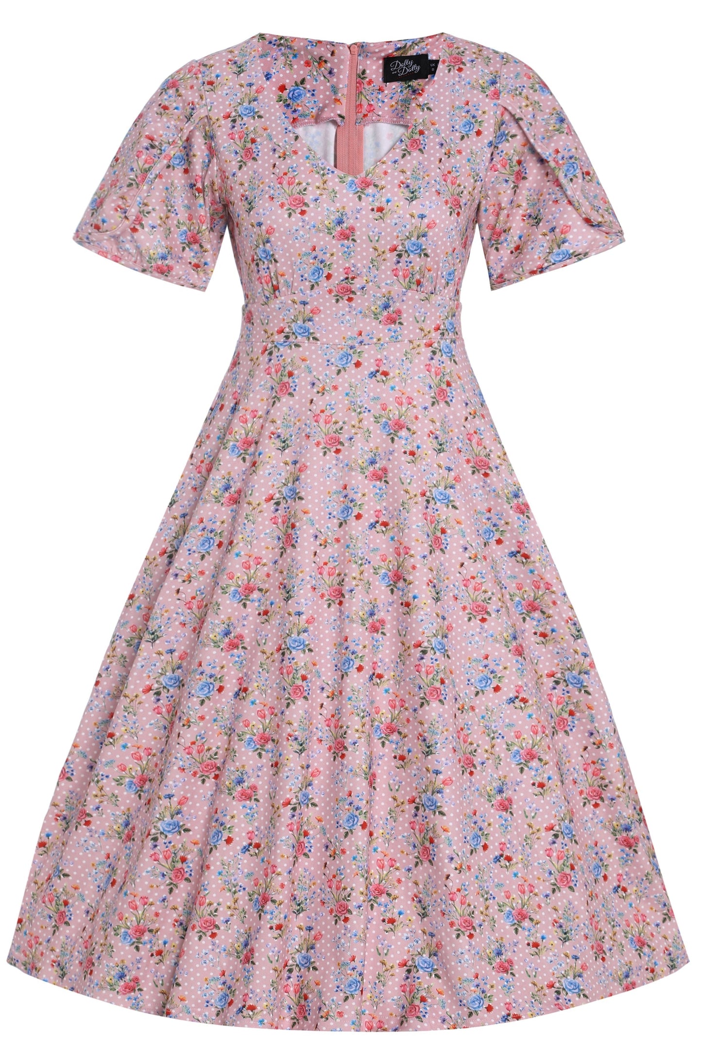 Janice Pink Floral Polka Dot Petal Sleeve Dress
