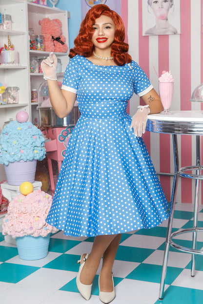 Darlene Polka Dot Circle Dress In Sky Blue