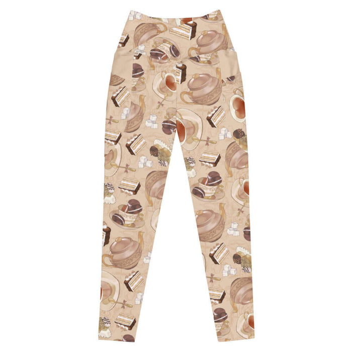 Latte kawaii Premium Café leggings with heart-shaped teacups and tiramisu cake