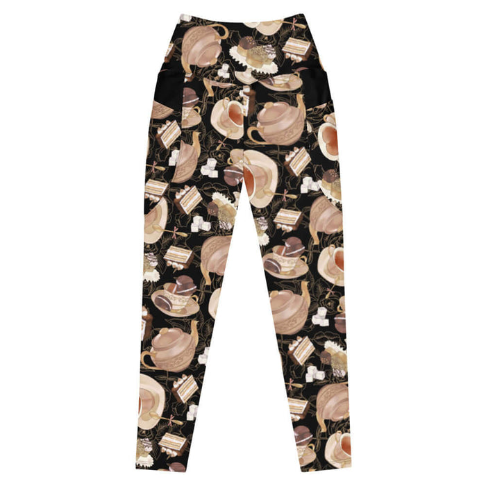 Black kawaii Premium Café leggings with heart-shaped teacups and chocolate macarons