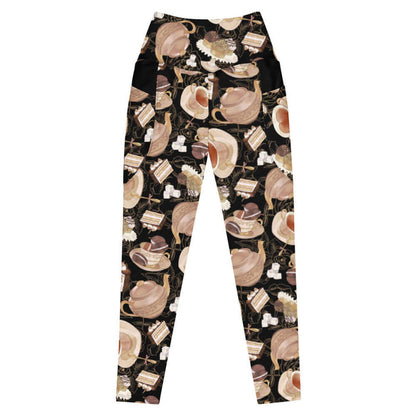 Black kawaii Premium Café leggings with heart-shaped teacups and chocolate macarons
