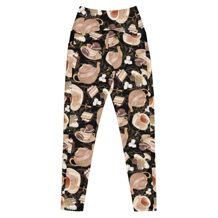 Black kawaii Premium Café leggings with ornate teapots and sugar cubes