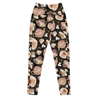 Black kawaii Premium Café leggings with ornate teapots and sugar cubes