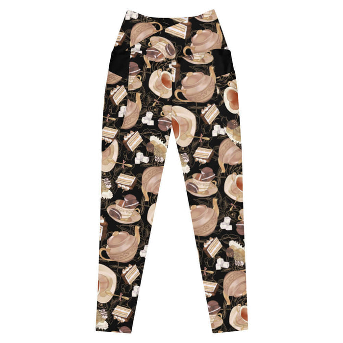 Black kawaii Premium Café leggings with ornate teapots and tiramisu cake