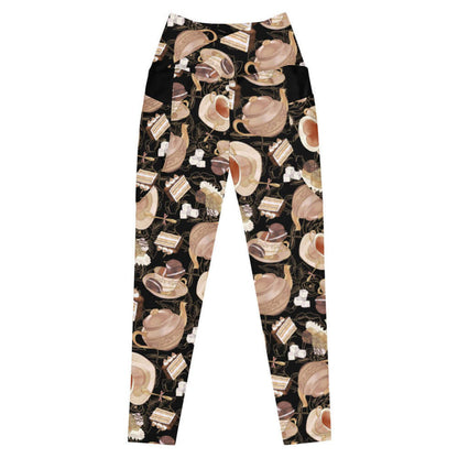Black kawaii Premium Café leggings with ornate teapots and tiramisu cake