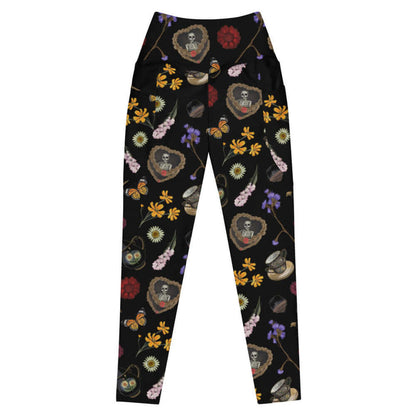 Gothic Tea Time premium high-waisted leggings in black with a heart-wreathed skeleton and black teapots, gothic activewear