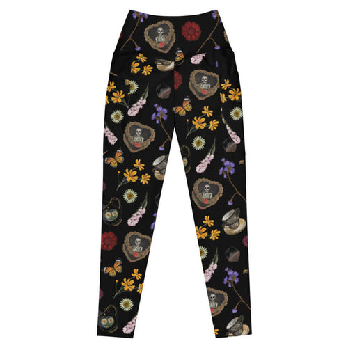 Gothic Tea Time premium high-waisted leggings in black with a heart-wreathed skeleton and black teapots, gothic activewear
