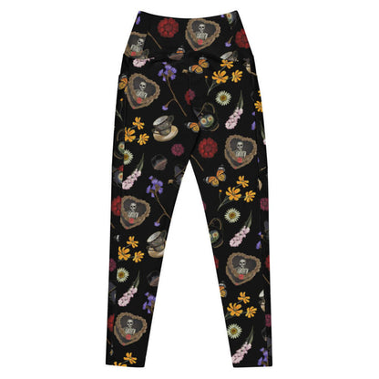 Gothic Tea Time premium high-waisted leggings in black with purple irises and red dahlias, gothic activewear