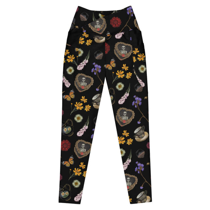 Gothic Tea Time premium high-waisted leggings in black with pink snapdragons and golden cosmos, gothic activewear