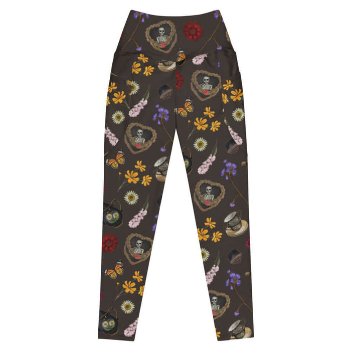 Gothic Tea Time premium high-waisted leggings in black with a rose-clutching skeleton and white daisies, gothic activewear