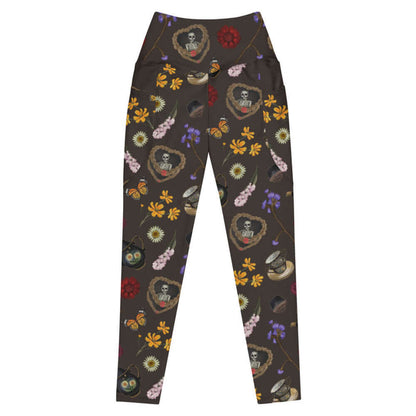 Gothic Tea Time premium high-waisted leggings in black with a rose-clutching skeleton and white daisies, gothic activewear
