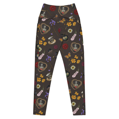 Gothic Tea Time premium high-waisted leggings in black with black teapots and wine-dark zinnias, gothic activewear