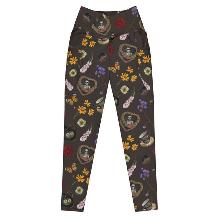 Gothic Tea Time premium high-waisted leggings in black with monarch butterflies and crimson dahlias, gothic activewear