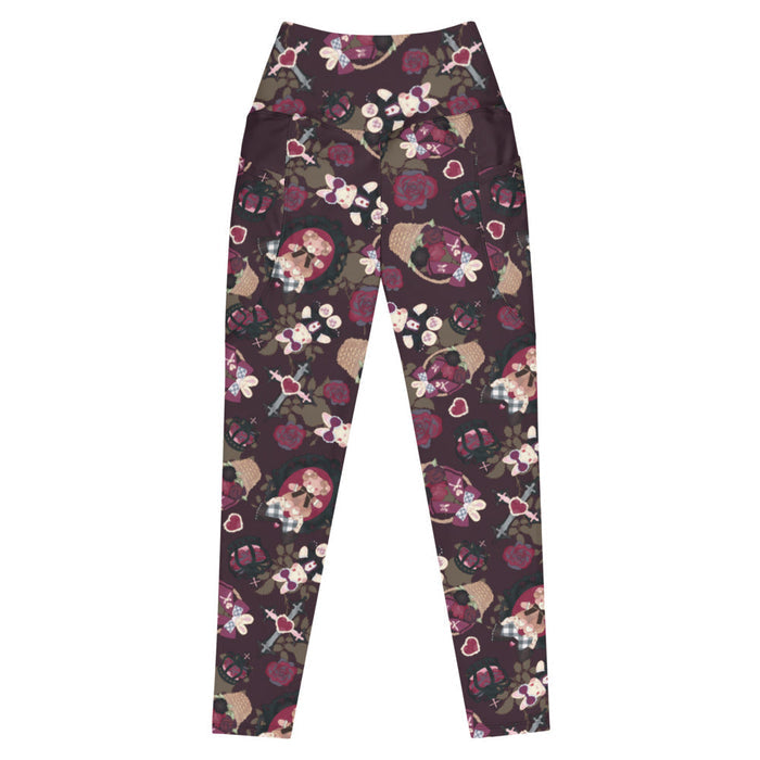 Gothic Teddy premium leggings in mauve and charcoal with grey-blue roses and black bows, goth activewear