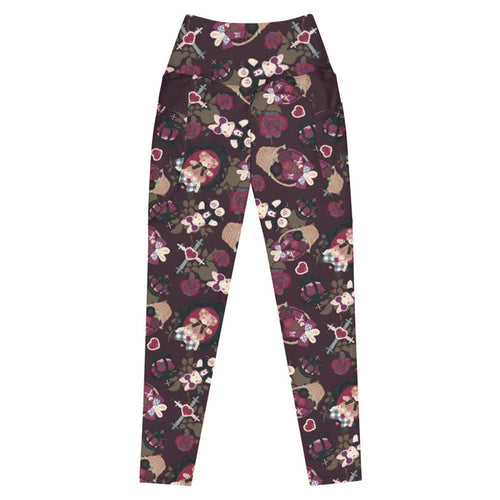 Gothic Teddy premium leggings in mauve and charcoal with grey-blue roses and black bows, goth activewear