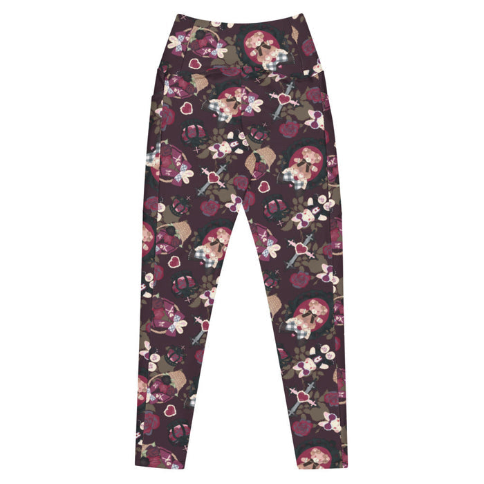 Gothic Teddy premium leggings in mauve and charcoal with heart charms and thorny vines, alternative style