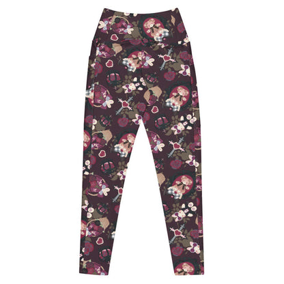 Gothic Teddy premium leggings in mauve and charcoal with heart charms and thorny vines, alternative style