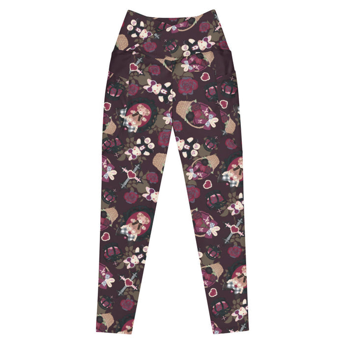 Gothic Teddy premium leggings in mauve and charcoal with cameo teddies and winged bunnies, pastel goth fit