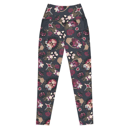 Gothic Teddy premium leggings in mauve and charcoal with black crowns and crimson roses, kawaii goth style