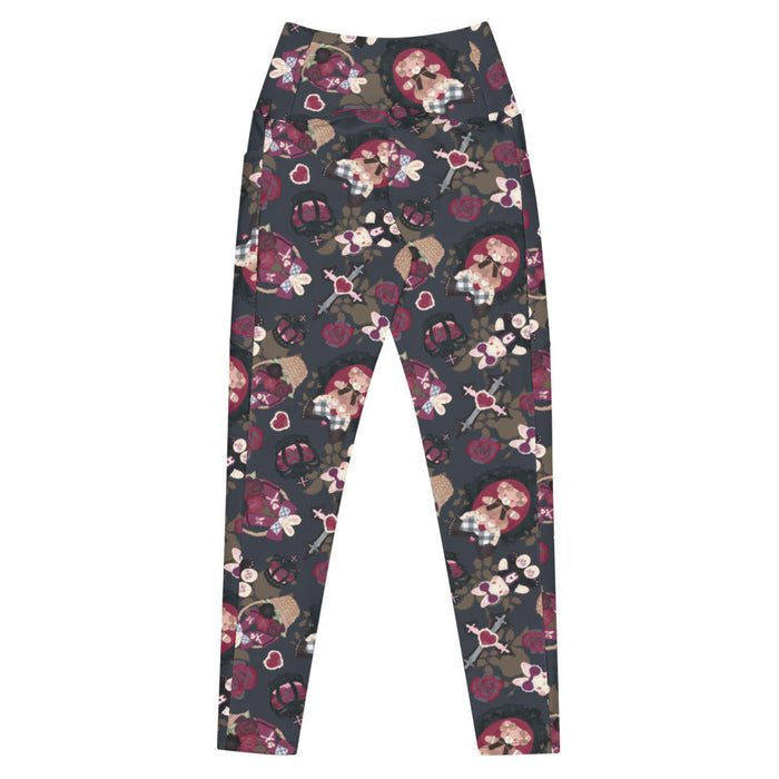 Gothic Teddy premium leggings in mauve and charcoal with dark roses and heart charms, goth activewear