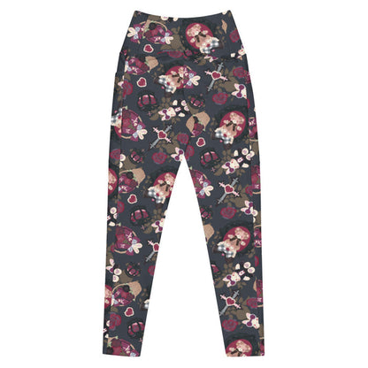 Gothic Teddy premium leggings in mauve and charcoal with dark roses and heart charms, goth activewear